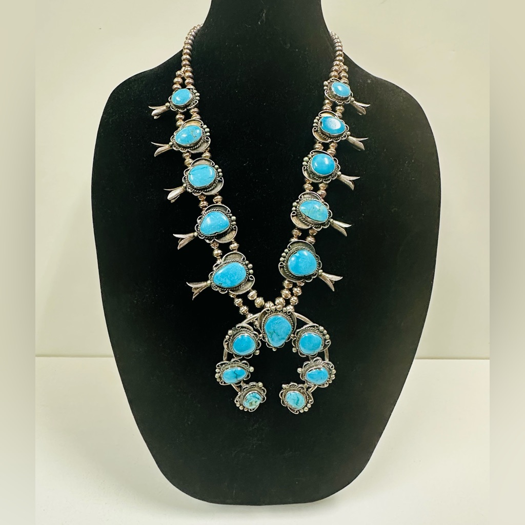 Vintage Sterling Silver & Blue Turquoise Squash Blossom Necklace